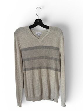 Calvin Klein Light Gray Striped V-Neck Sweater